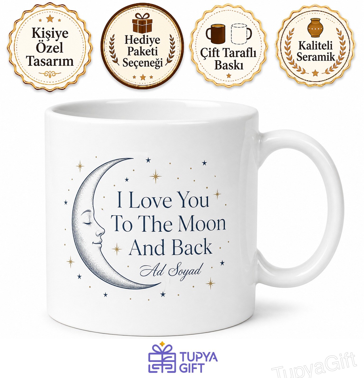 I Love You To The Moon And Back Temalı Seni Ay'a Kadar Seviyorum İngilizce Kupa Bardak Hediye