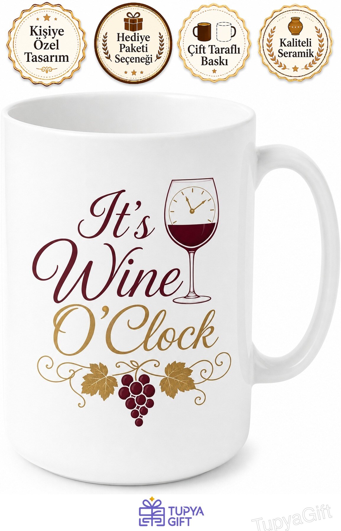 It's Wine O'Clock Baskılı Şarap Saati İngilizce Kupa Bardak Hediye