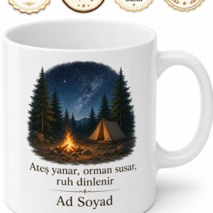 Kampçıya Çadır Ateşi Ve Doğa Sessizliği Seramik Kupa Bardak Hediye