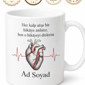 Kardiyolog Hekim EKG Kalp Ritmi Stent Baskılı Porselen Kupa Bardak Hediye