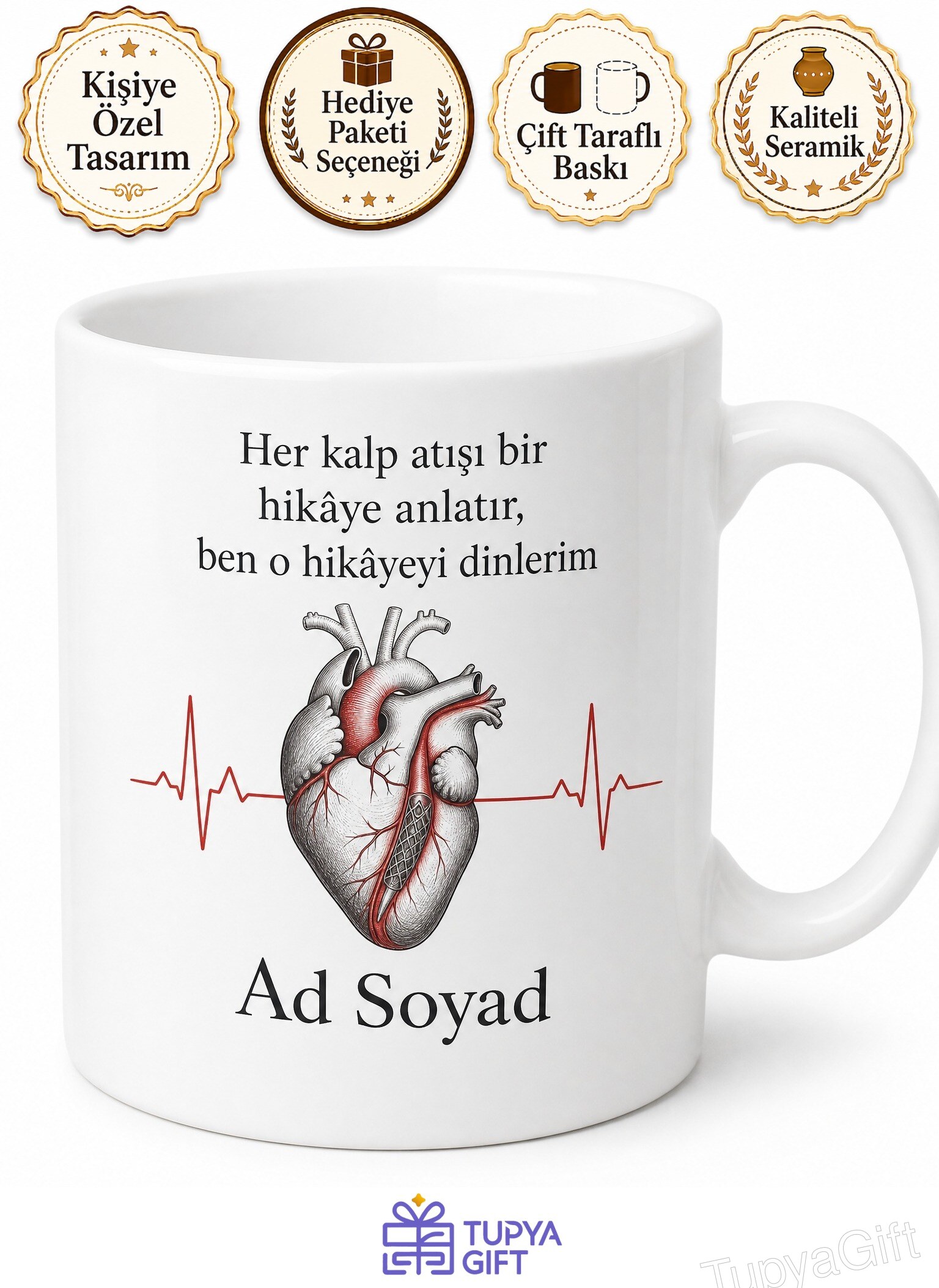 Kardiyolog Hekim EKG Kalp Ritmi Stent Baskılı Porselen Kupa Bardak Hediye