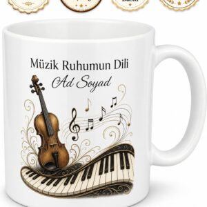 Klasik Müzik Keman Piyano Tuşları Senfoni Temalı Baskılı Porselen Kupa Bardak Hediye