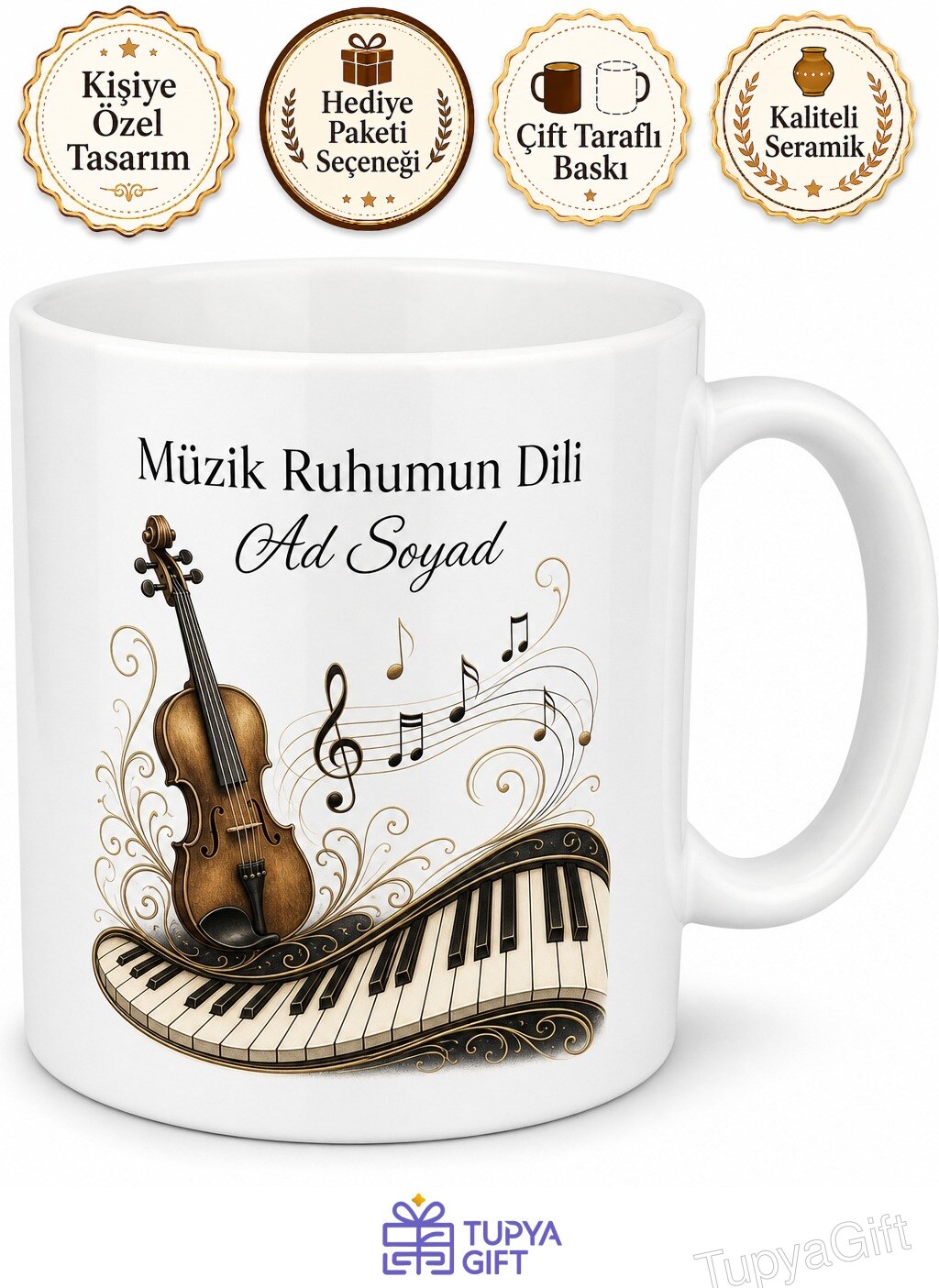 Klasik Müzik Keman Piyano Tuşları Senfoni Temalı Baskılı Porselen Kupa Bardak Hediye