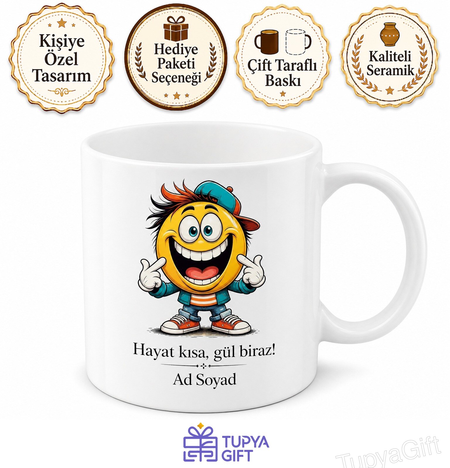 Komik Esprili Gülen Yüz Karikatür Karakter Mizahşör Baskılı Porselen Kupa Hediye Bardak