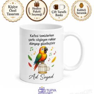 Kuş Kafesini Temizlerken Şarkı Söyleyenlere Neşeli Papağan Kupası Hediye Bardak