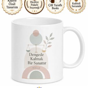 Lagom Baskılı Denge İngilizce Çay Kupası Porselen Bardak Hediye Mug