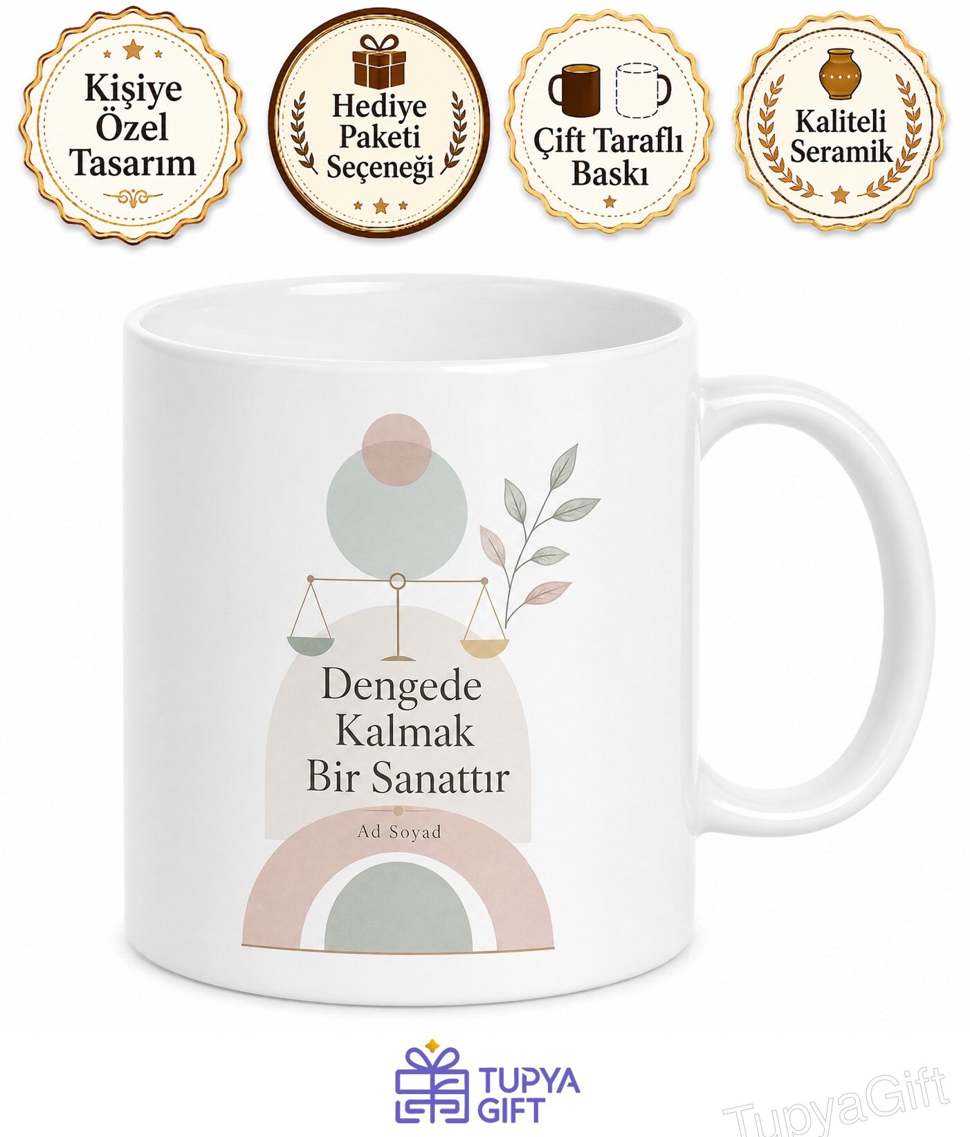 Lagom Baskılı Denge İngilizce Çay Kupası Porselen Bardak Hediye Mug