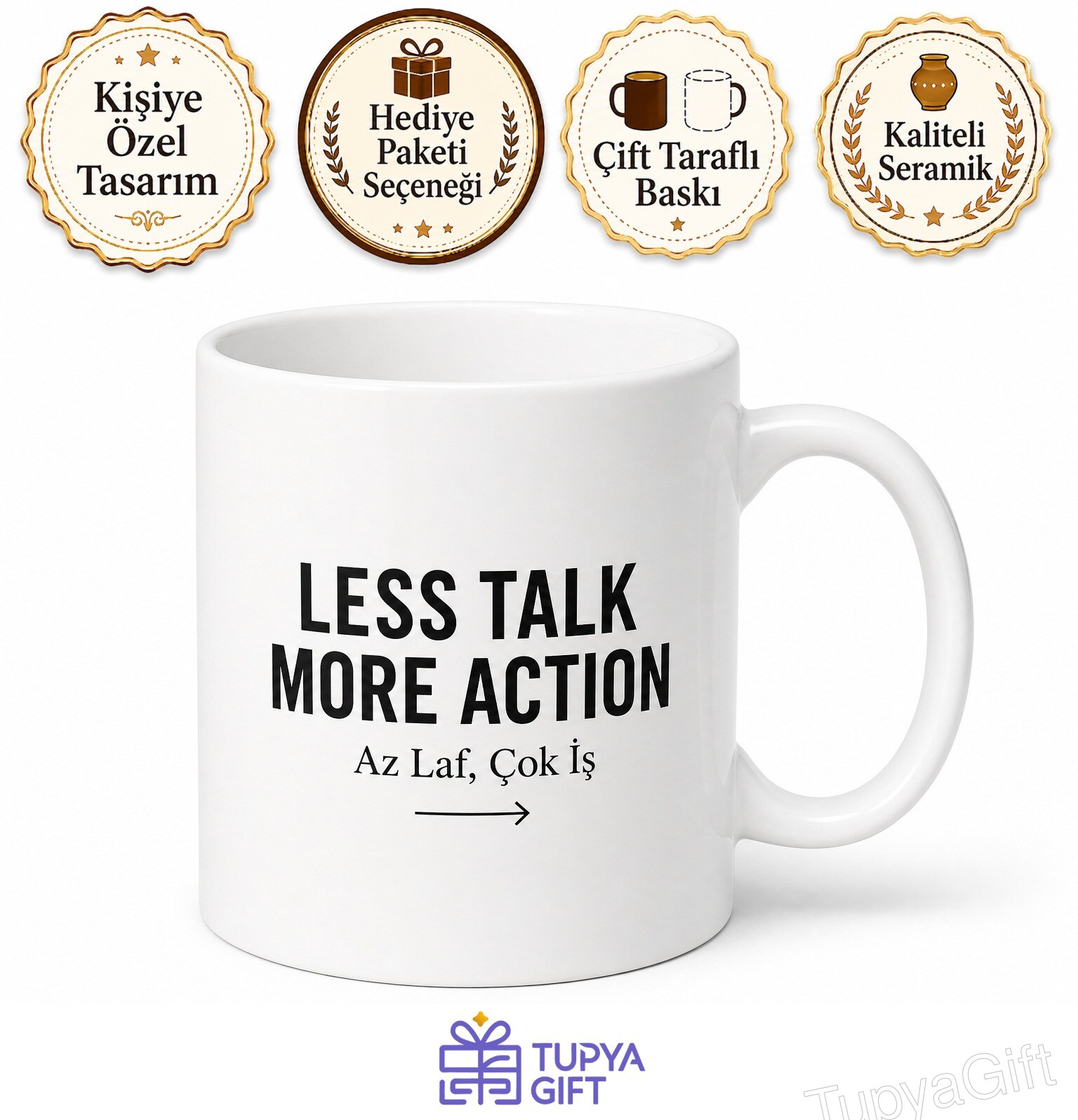 Less Talk More Action Yazılı Az Laf Çok İş İngilizce Motivasyon Kupa Bardak Hediye