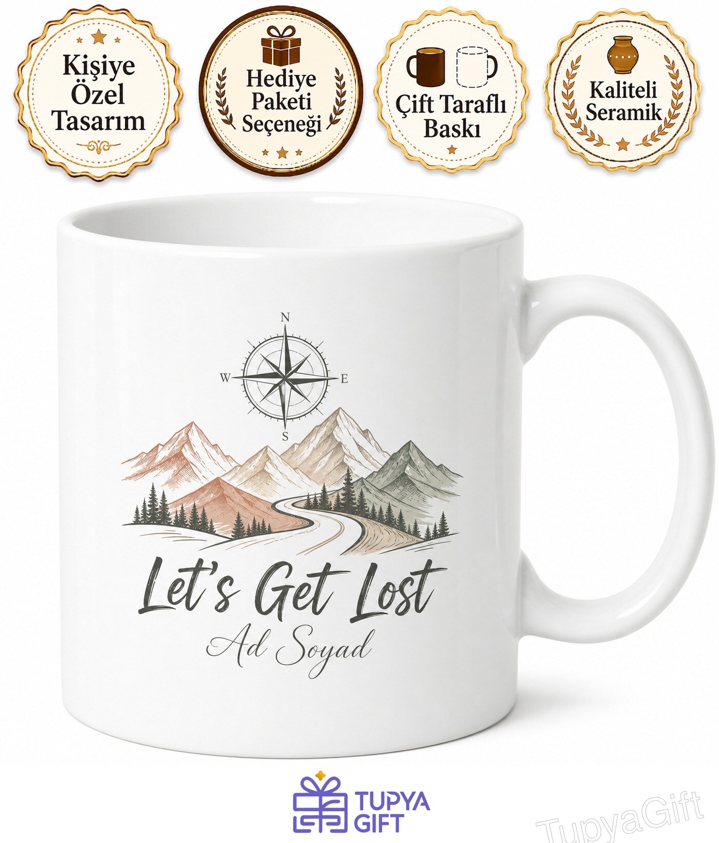 Let's Get Lost Yazılı Gezgin Temalı İngilizce Baskılı Porselen Kupa Bardak Hediye