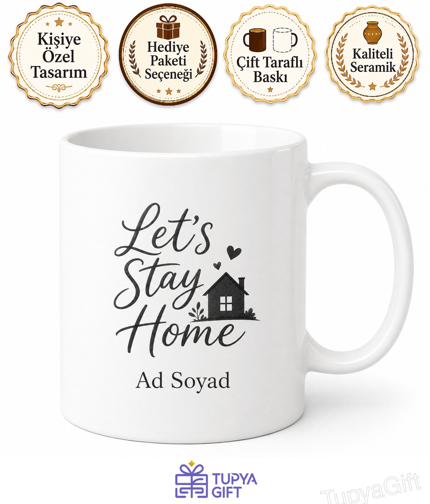 Let's Stay Home Baskılı Kupa Evde Kalalım İngilizce Kahve Bardak Hediye