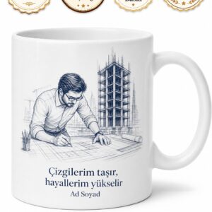 Mimar Gökdelen Proje Çizim Masası Temalı Kupa Bardak Mimara Hediye