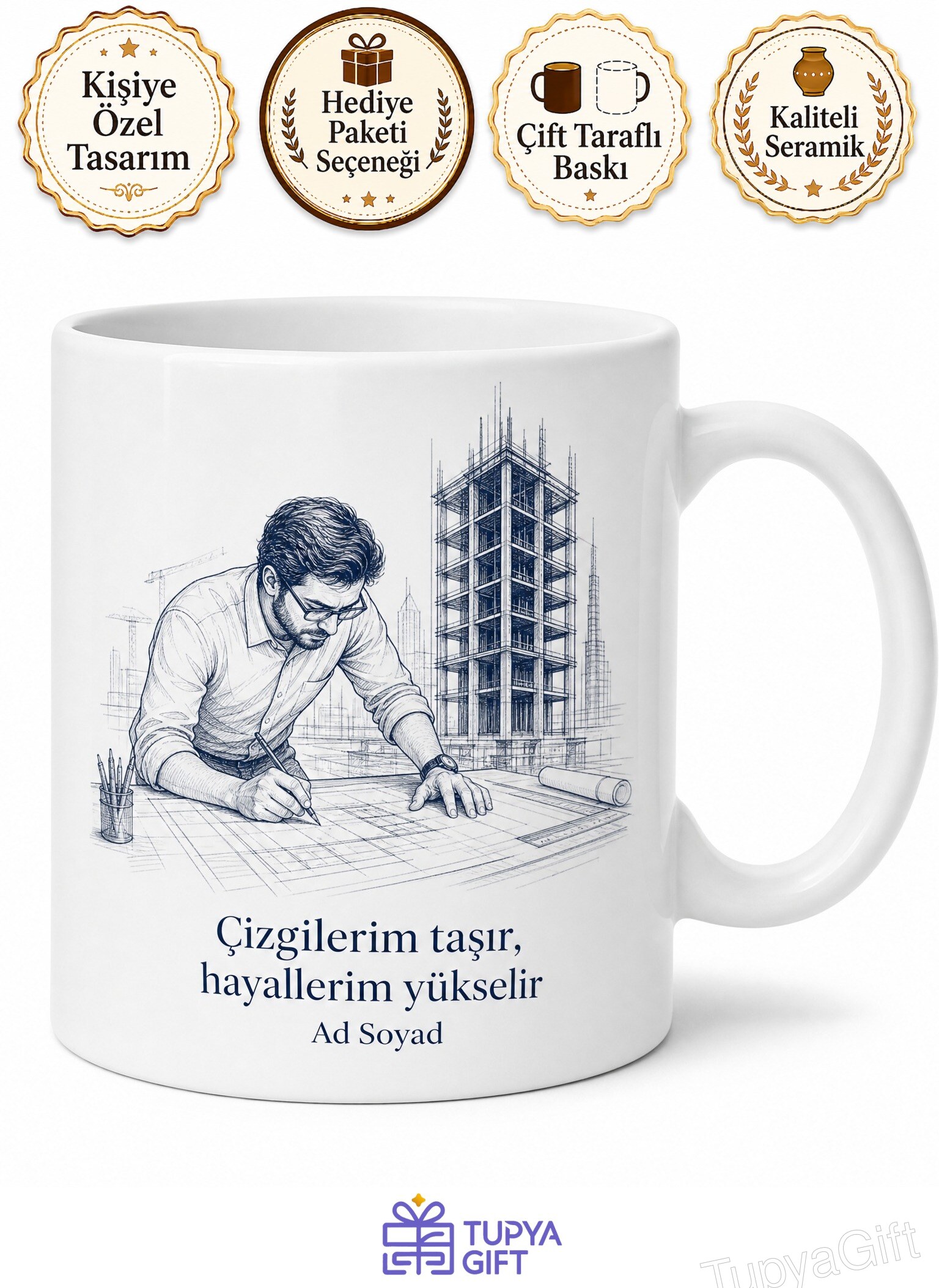 Mimar Gökdelen Proje Çizim Masası Temalı Kupa Bardak Mimara Hediye