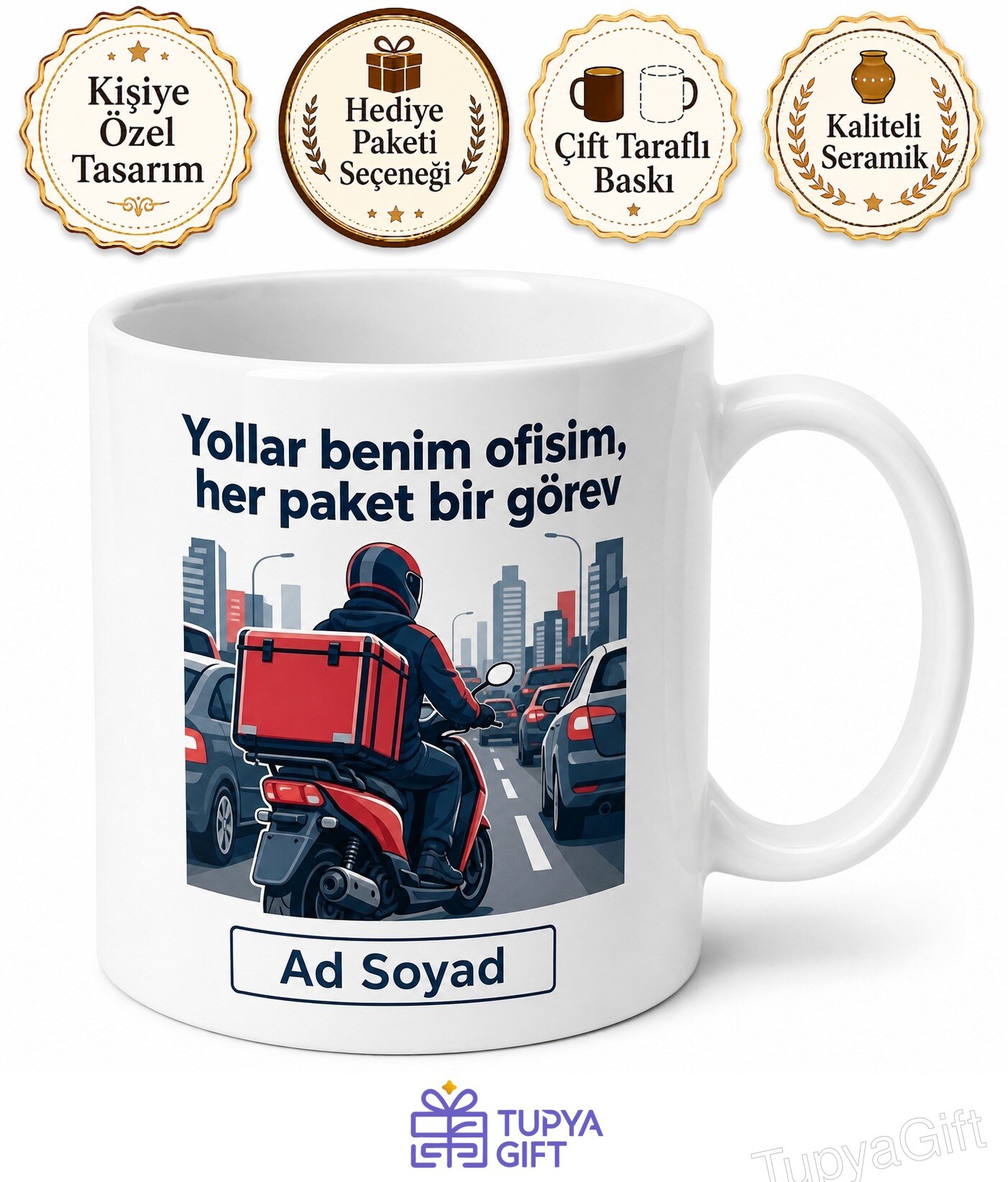 Moto Kurye Trafikte Hızlı Ve Çevik Paket Dağıtıcısı Çay Kupası Hediye Bardak