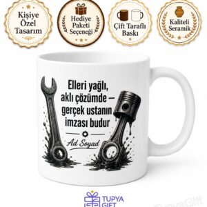 Motor Tamircisine Hediye Elleri Yağlı Mekanik Çözüm Baskılı Porselen Kupa Bardak