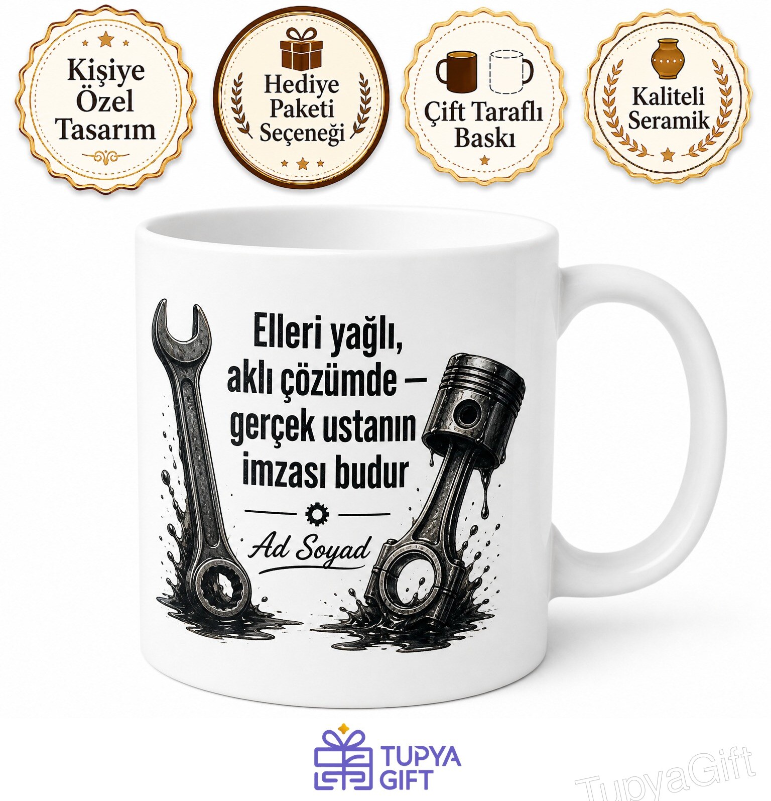 Motor Tamircisine Hediye Elleri Yağlı Mekanik Çözüm Baskılı Porselen Kupa Bardak