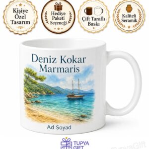Muğla Marmaris Kızkumu Plajı Sedir Adası Çam Balı Mavi Tur Baskılı Porselen Kupa Hediye Bardak