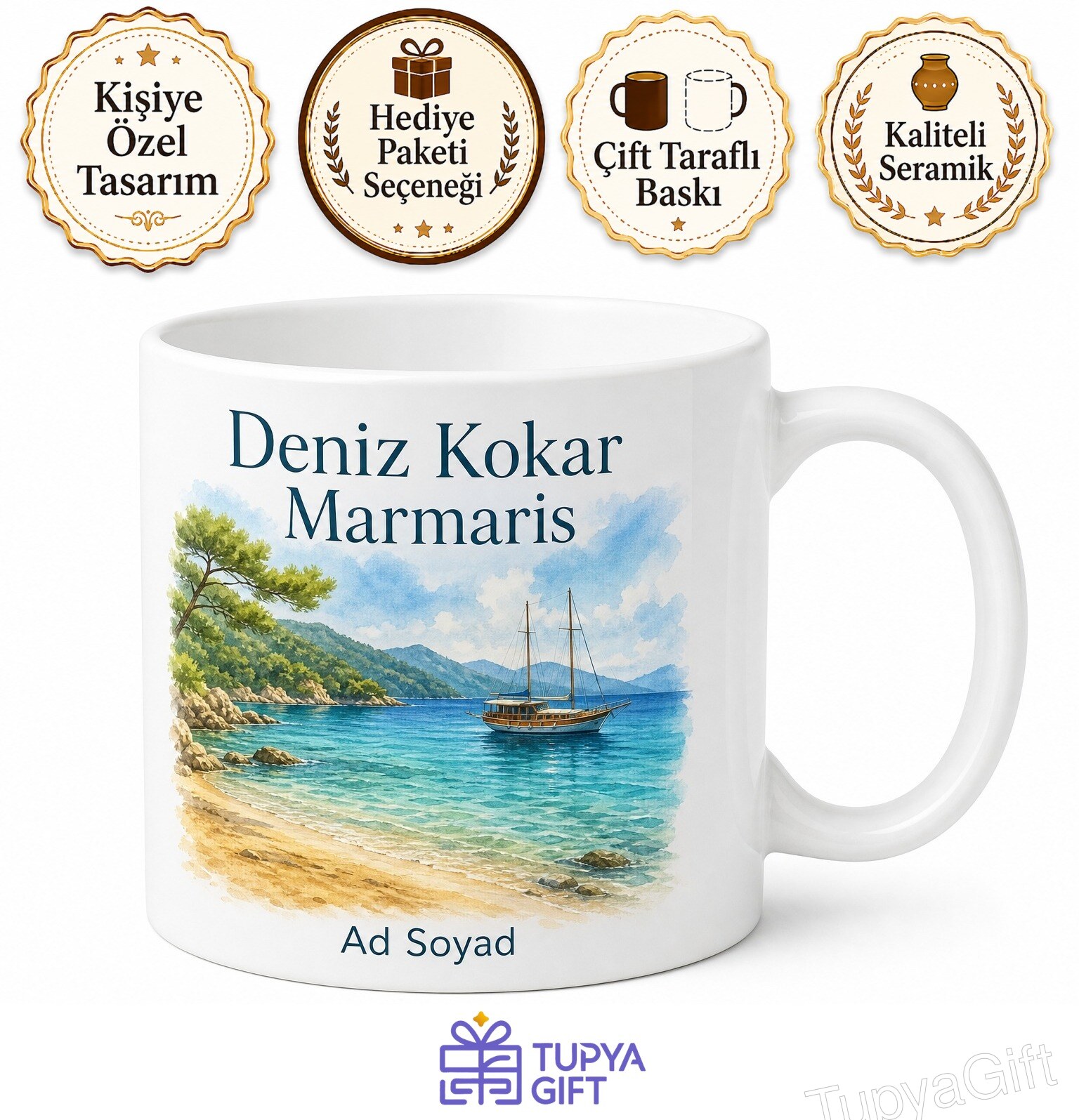 Muğla Marmaris Kızkumu Plajı Sedir Adası Çam Balı Mavi Tur Baskılı Porselen Kupa Hediye Bardak