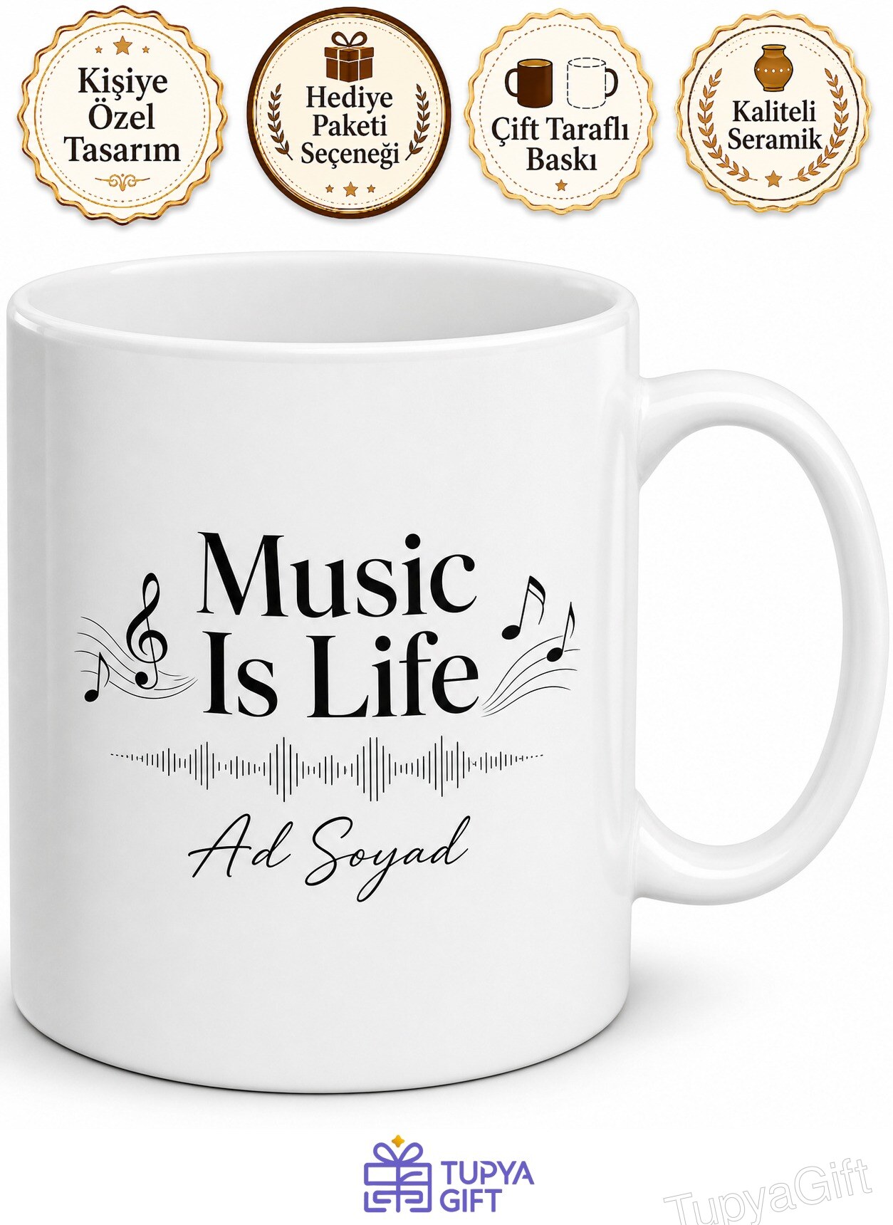 Music Is Life Yazılı Müzik Severlere Özel İngilizce Baskılı Porselen Kupa Bardak Hediye