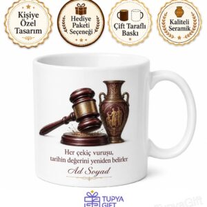 Müzayede Yöneticisine Hediye Çekiç Vuran Müzayede Salonu Temalı Porselen Kupa Bardak