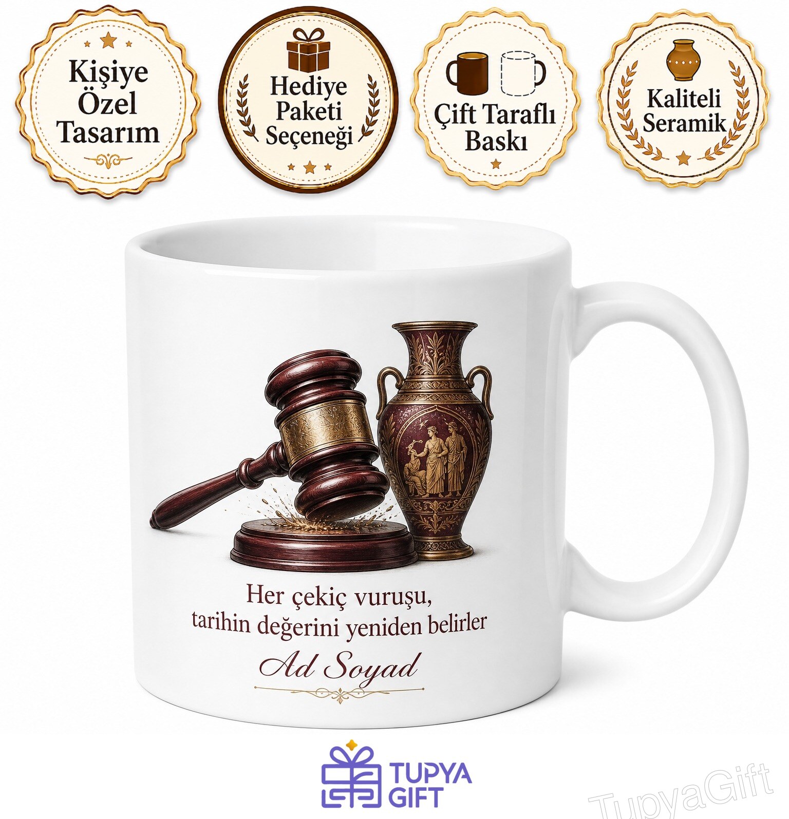 Müzayede Yöneticisine Hediye Çekiç Vuran Müzayede Salonu Temalı Porselen Kupa Bardak