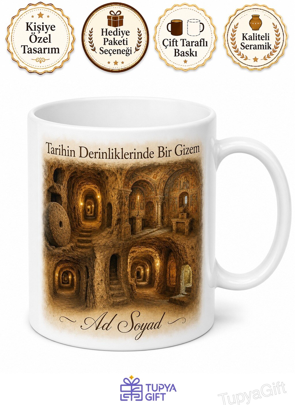 Nevşehir Derinkuyu Yeraltı Şehri Tarihi Kilise Tüneller Kapadokya Gizemi Kupa Bardak Hediye