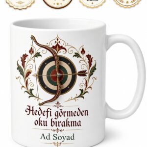 Okçuluk Temalı Kupa Bardak Okçuya Hediye Yay Hedef Baskılı Porselen Kupa