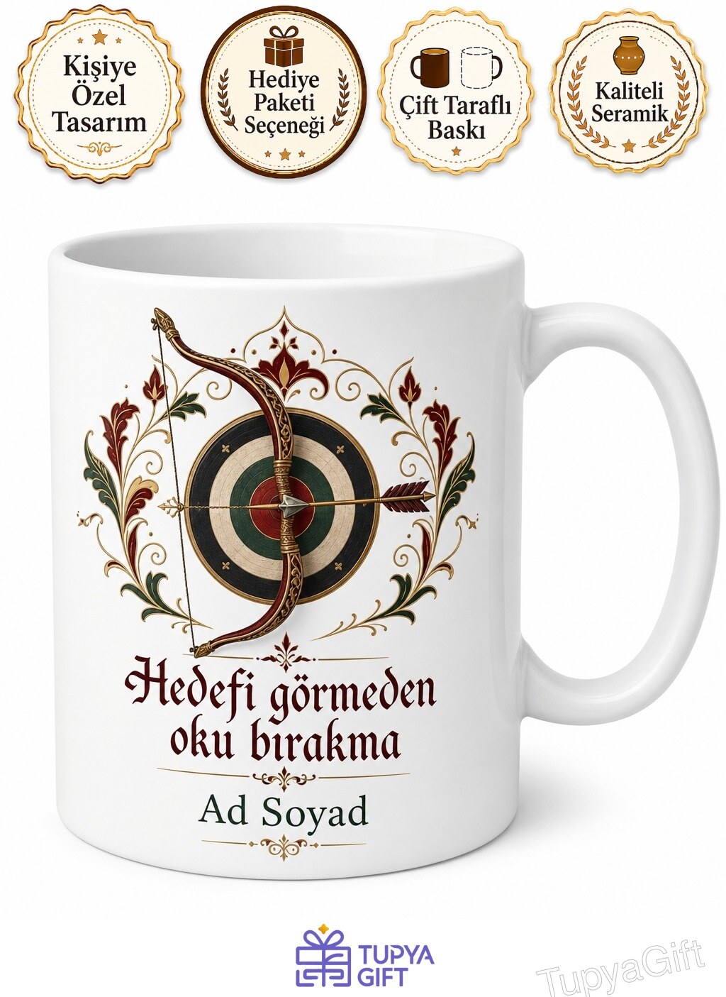 Okçuluk Temalı Kupa Bardak Okçuya Hediye Yay Hedef Baskılı Porselen Kupa