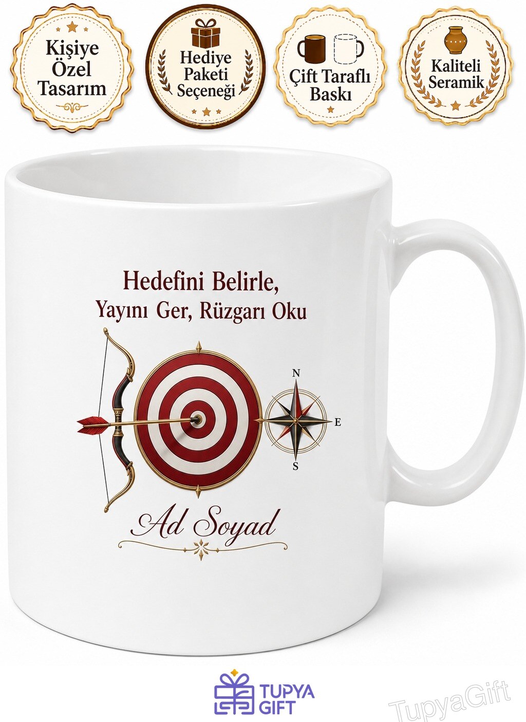 Okçuya Hediye Yay Hedef Tahtası Tam Onikiden İsabet Temalı Baskılı Porselen Kupa Bardak