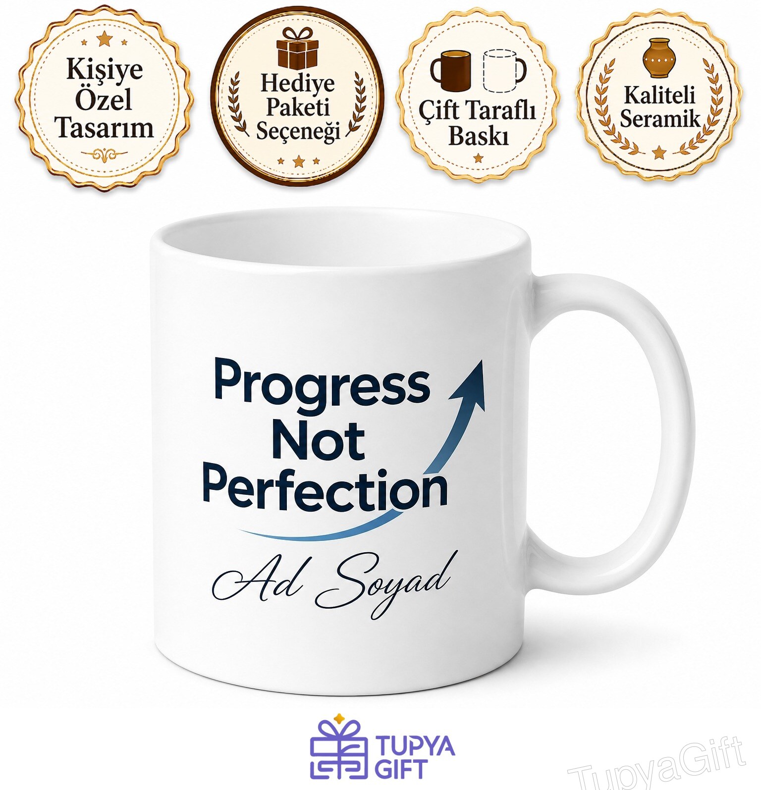 Progress Not Perfection Temalı Gelişim Odaklı İngilizce Baskılı Kupa Bardak Hediye