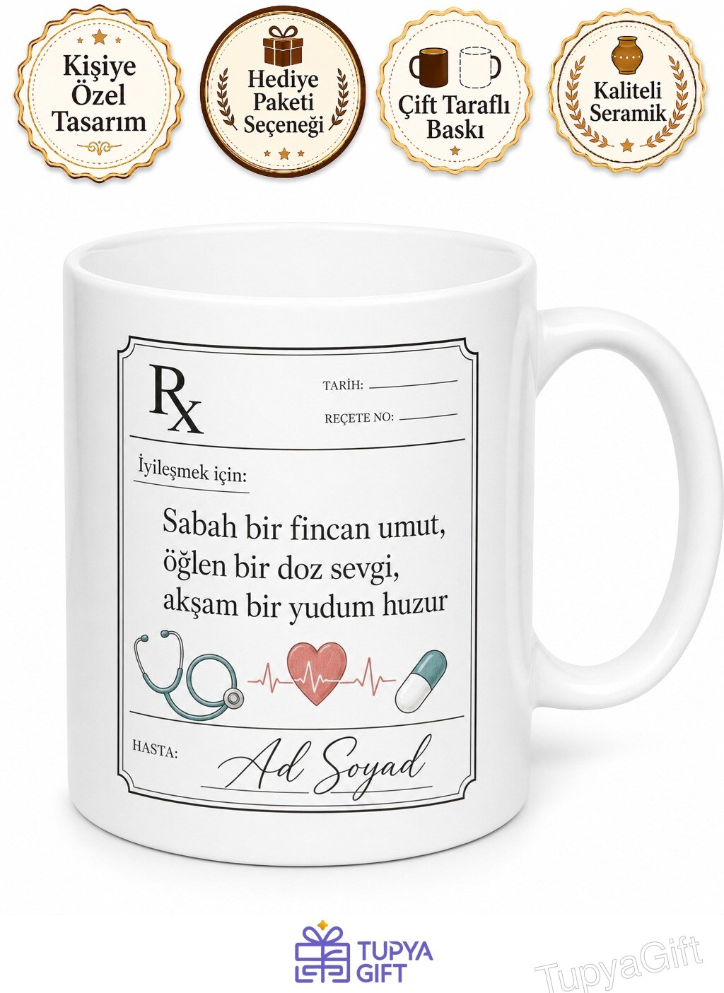 Reçete Tasarımlı Sağlık Çalışanından Şifa Veren Geçmiş Olsun Çay Kupası Hediye