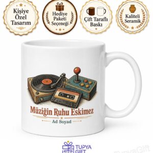 Retro Nostalji Atari Kaset Pikap Eski Şarkılar Temalı Baskılı Porselen Kupa Bardak Hediye