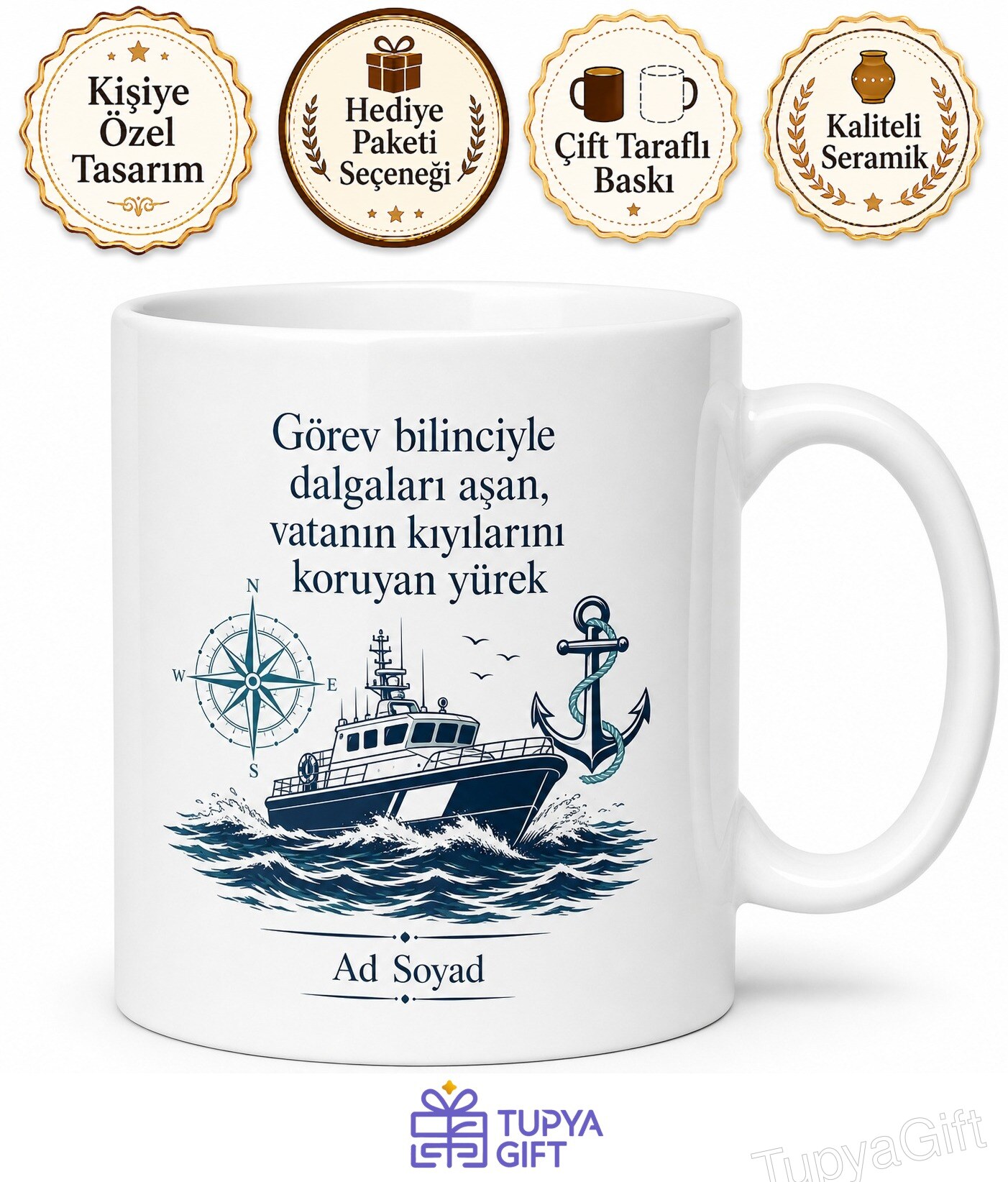 Sahil Güvenlik Bot Kaptanı İsme Özel Kupa Bardak Mavi Vatan Hediye