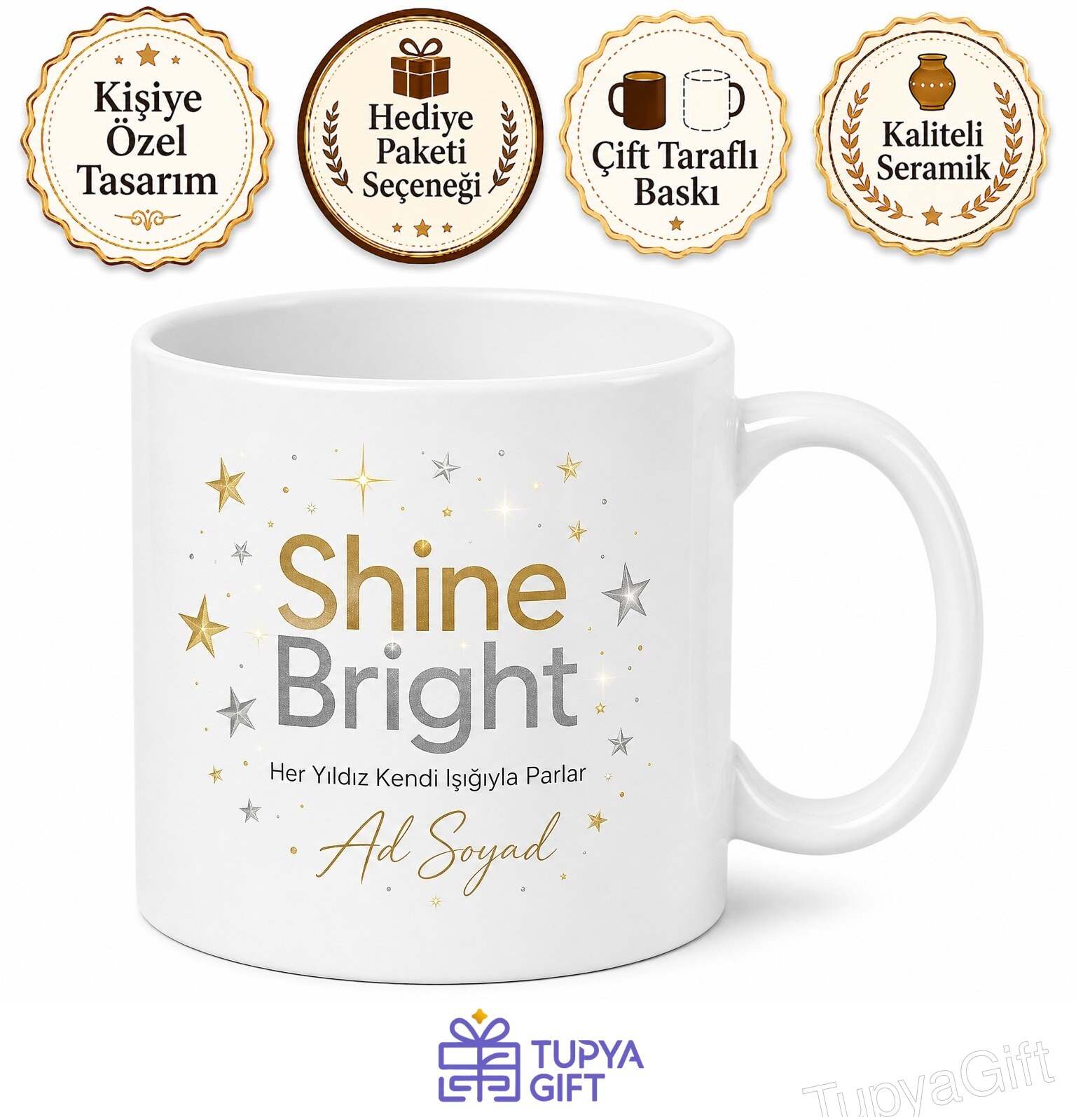 Shine Bright Yazılı Parlayan Yıldızlar Temalı Estetik Kahve Kupası Hediye Bardak