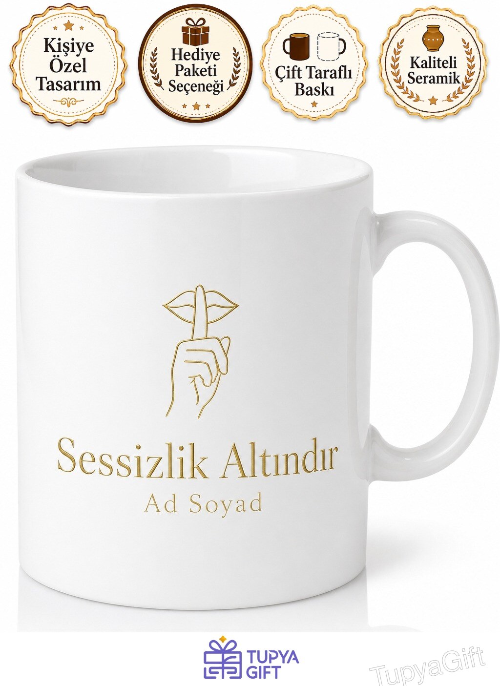 Silence Is Golden Temalı Sessizlik Altındır İngilizce Kupa Bardak Hediye