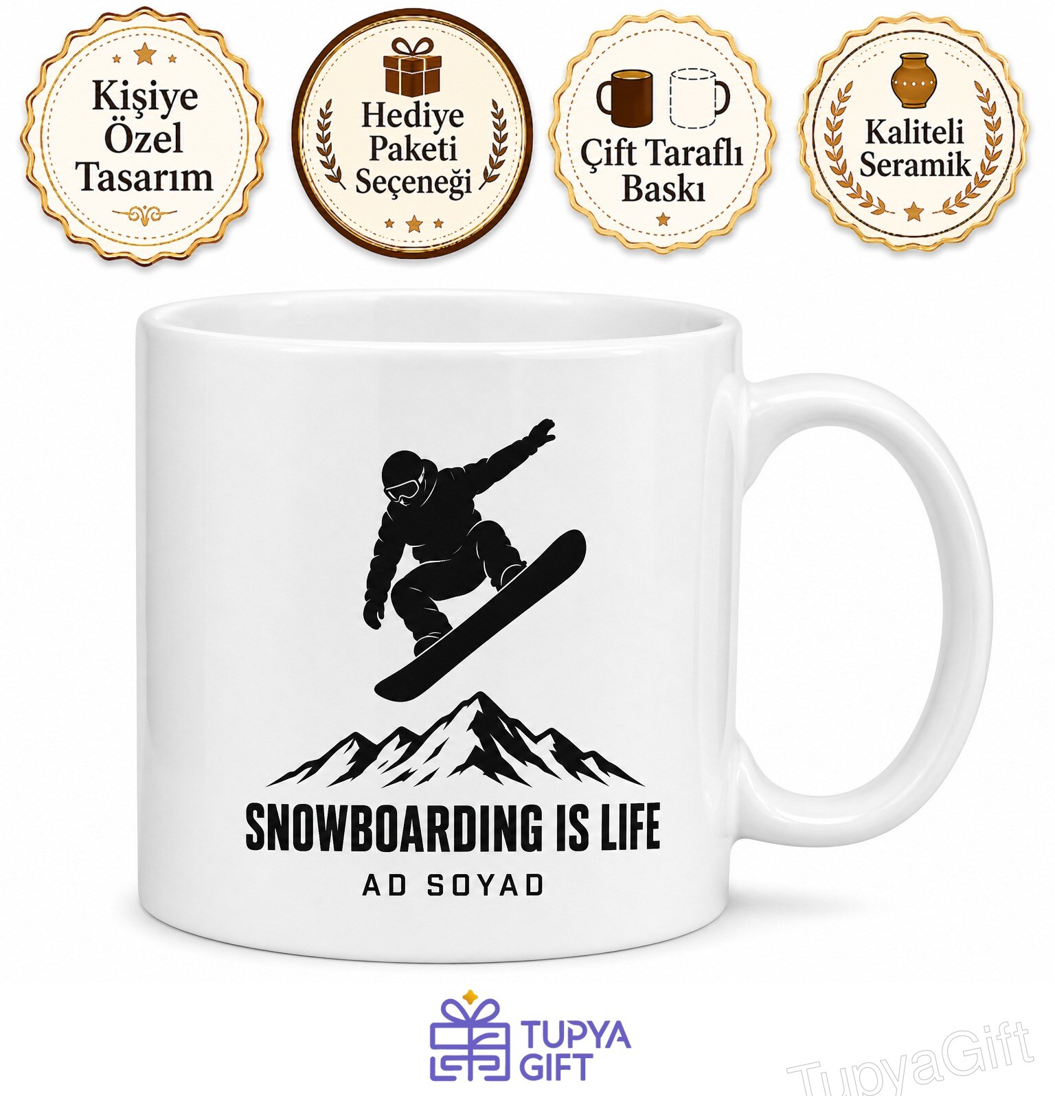 Snowboarding Is Life Temalı Snowboard Severlere İngilizce Baskılı Kupa Bardak Hediye