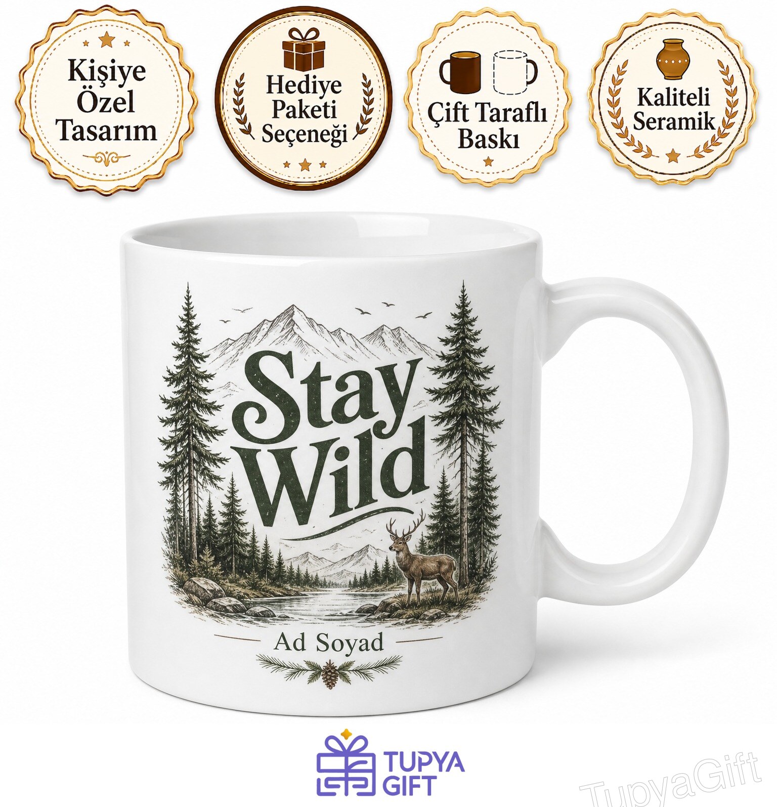 Stay Wild Temalı Vahşi Kal İngilizce Çay Kupası Porselen Bardak Hediye Mug