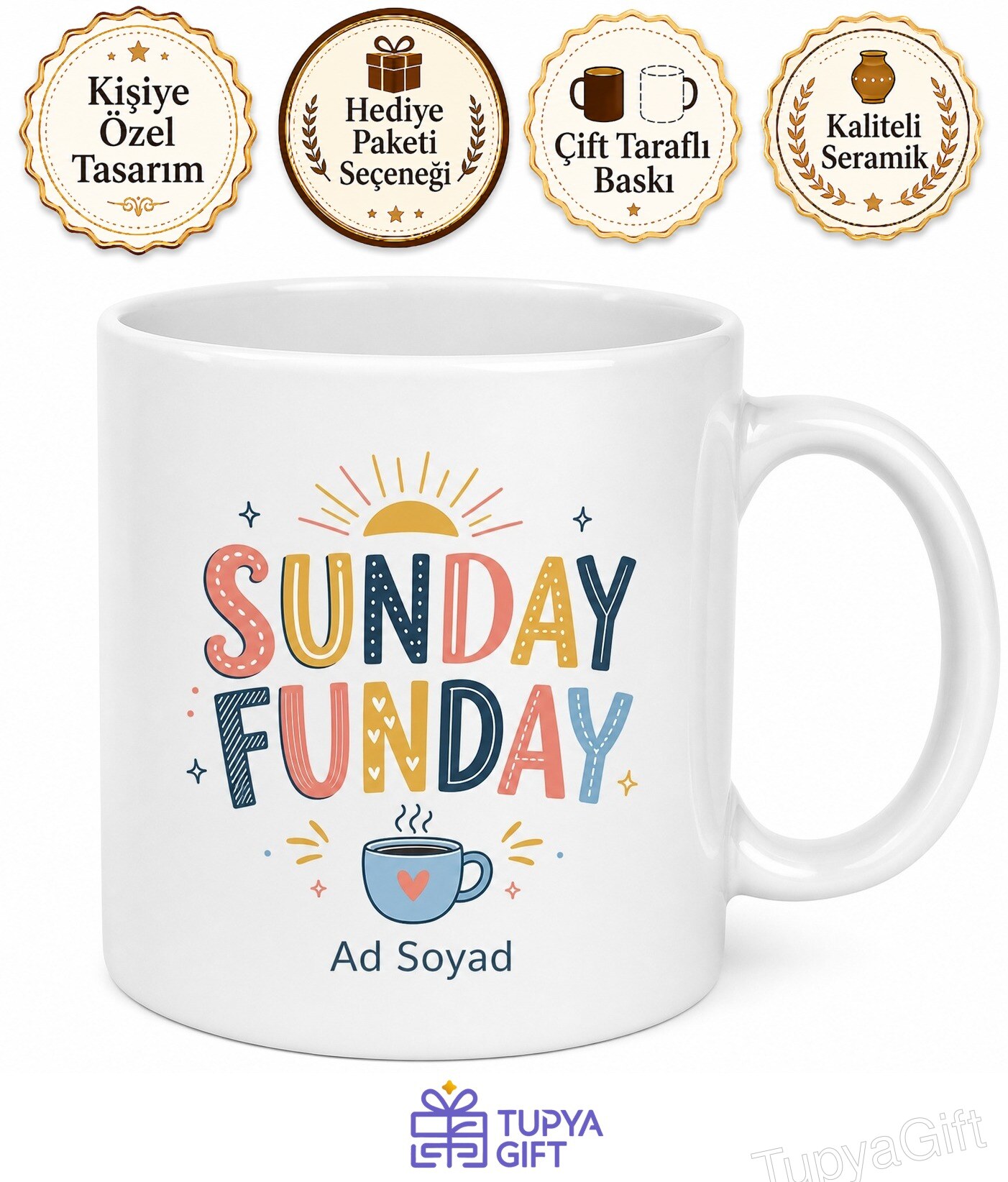 Sunday Funday Baskılı Kupa Pazar Neşesi İngilizce Yazılı Hediye Bardak