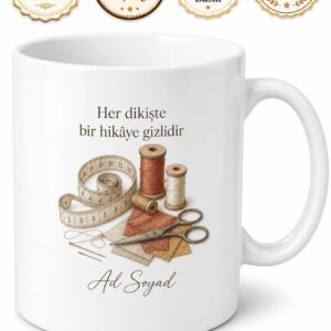 Terziye Hediye Mezura İğne İplik El Emeği Temalı Çay Kupası Bardak