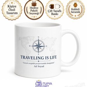 Traveling Is Life Temalı Seyahat Etmek Hayattır İngilizce Kahve Kupası Hediye