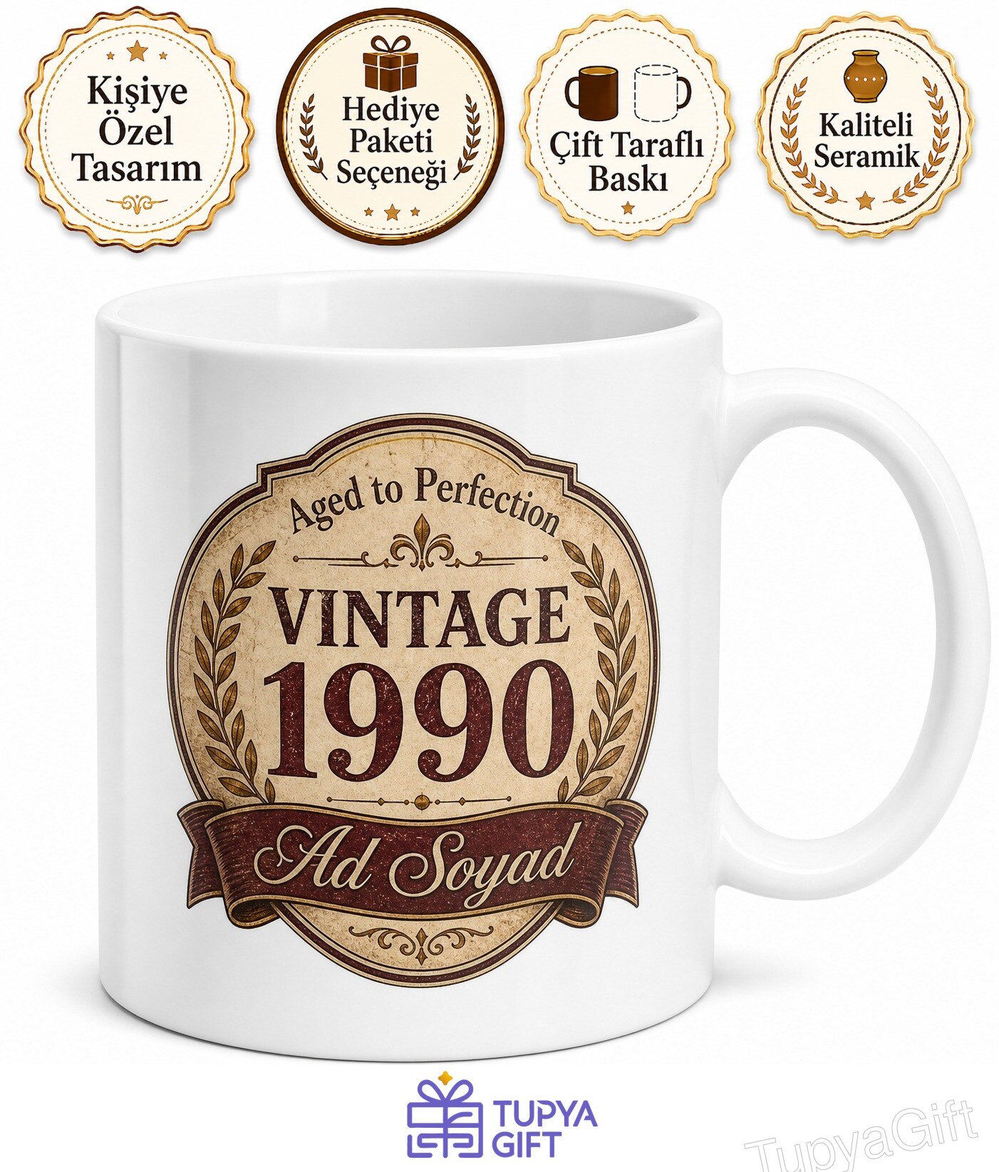 Vintage 1990 Doğumlulara Özel İngilizce Baskılı Porselen Kupa Bardak Hediye