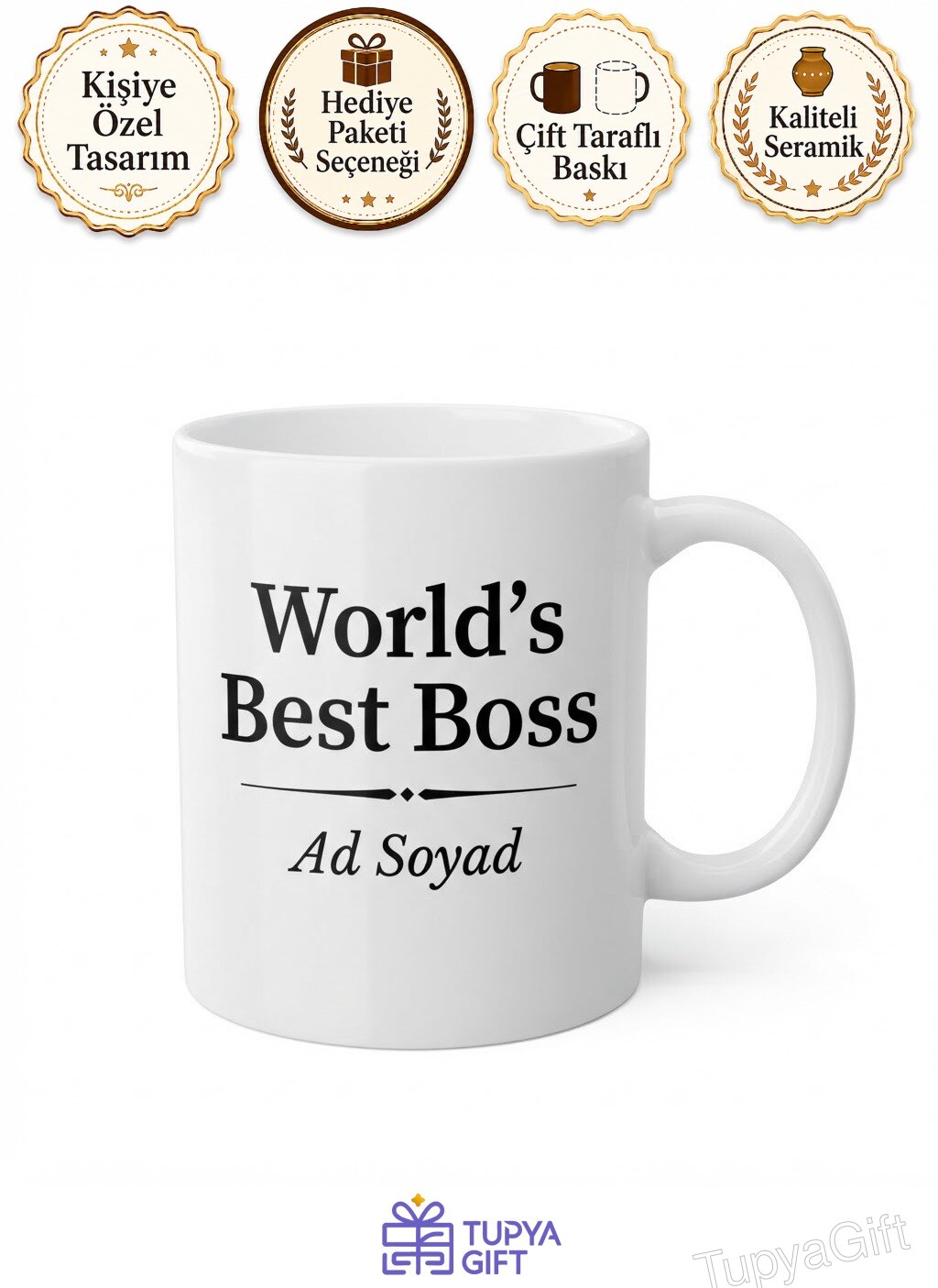 World's Best Boss Baskılı Patrona Hediye İngilizce Kupa Bardak Ofis Hediyesi