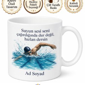 Yüzücüye Hediye Yüzme Yarışı Olimpiyat Serbest Kulaç Havuz Temalı Baskılı Kupa Bardak
