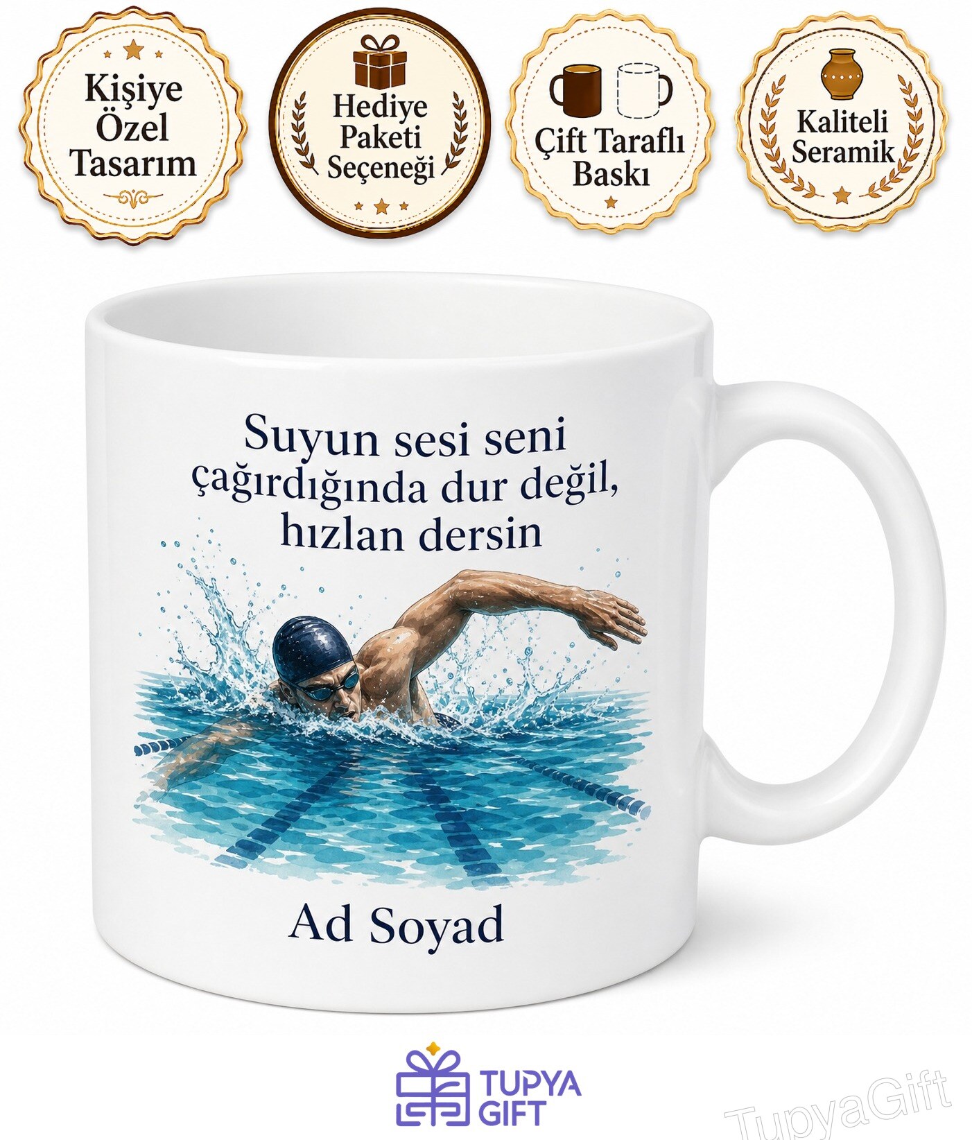 Yüzücüye Hediye Yüzme Yarışı Olimpiyat Serbest Kulaç Havuz Temalı Baskılı Kupa Bardak
